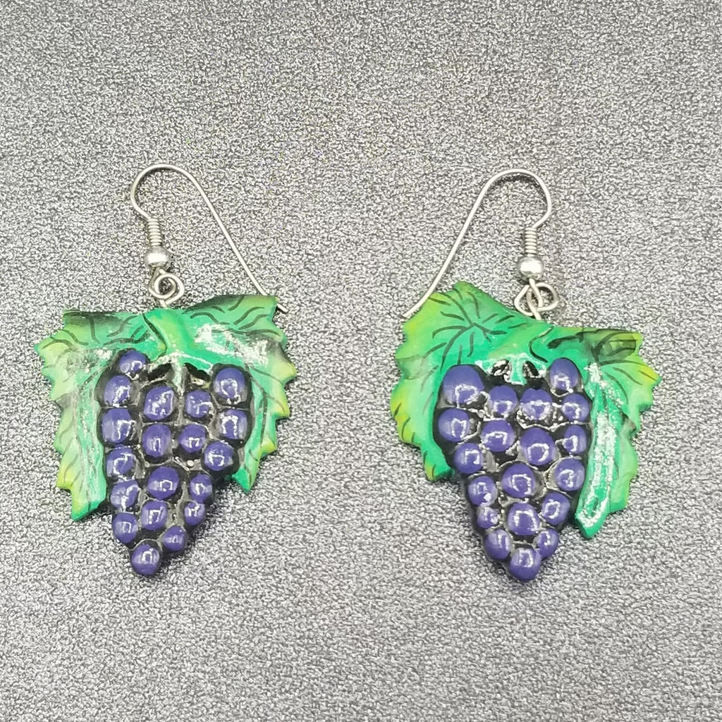 Vintage Pierced Earrings Green and Purple Hand painted Grape Dangle 1 3/8"