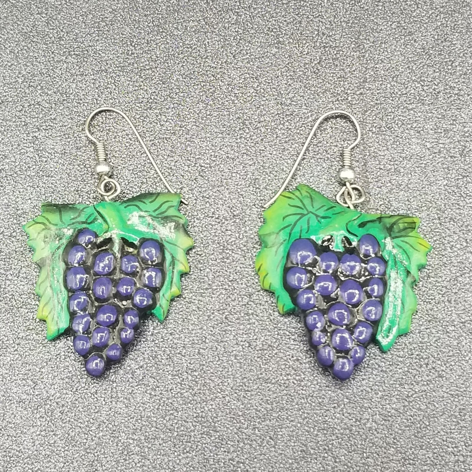 Vintage Pierced Earrings Green and Purple Hand painted Grape Dangle 1 3/8"