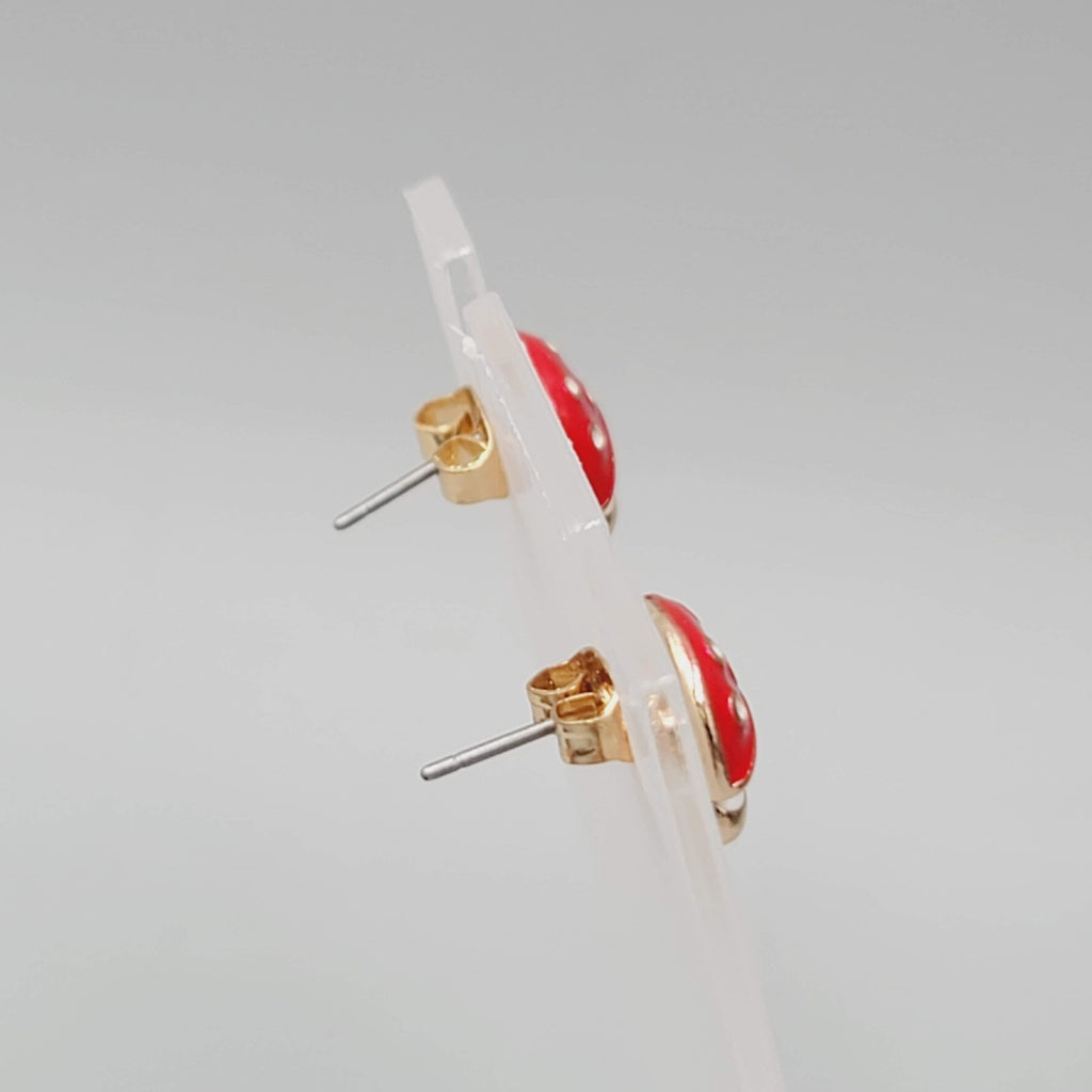 Mushroom Stud Pierced Earrings Enamel Red White Dots Gold tone 1/2"