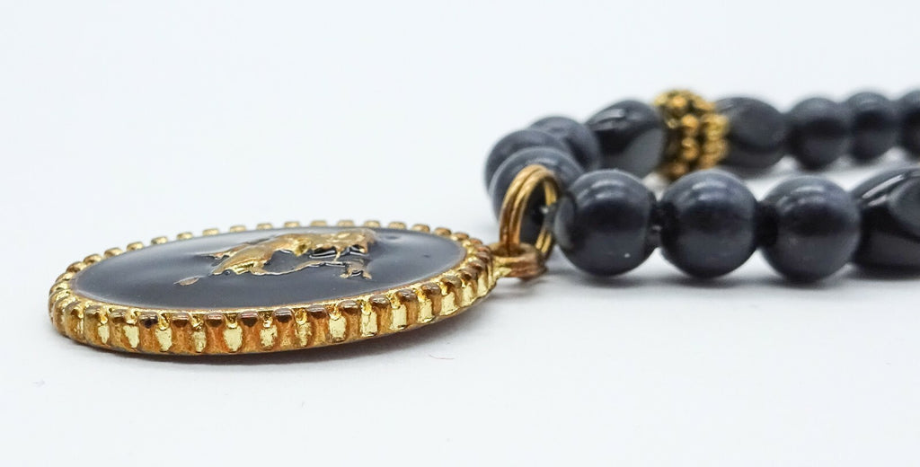 Unicorn Pendant Black Glass and Plastic Beaded Necklace Pierced Earring Set