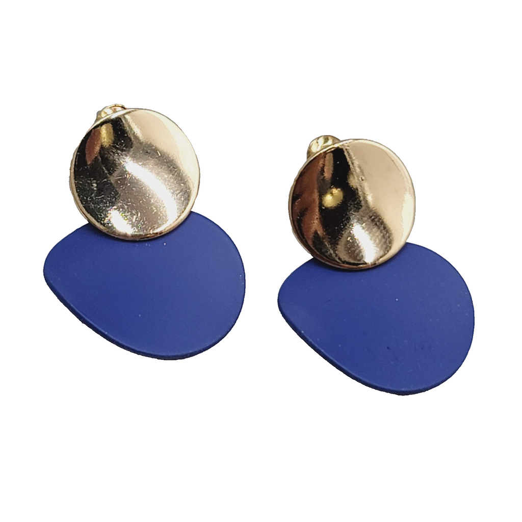 Pierced Earrings Gold toen Dangle Matte Blue Enamel 1.25"