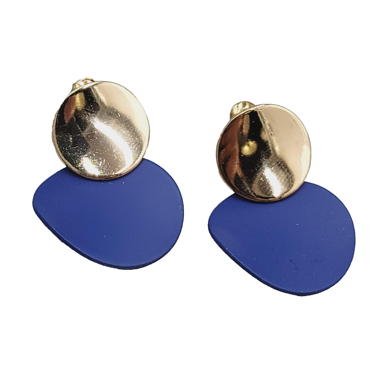 Pierced Earrings Gold toen Dangle Matte Blue Enamel 1.25"