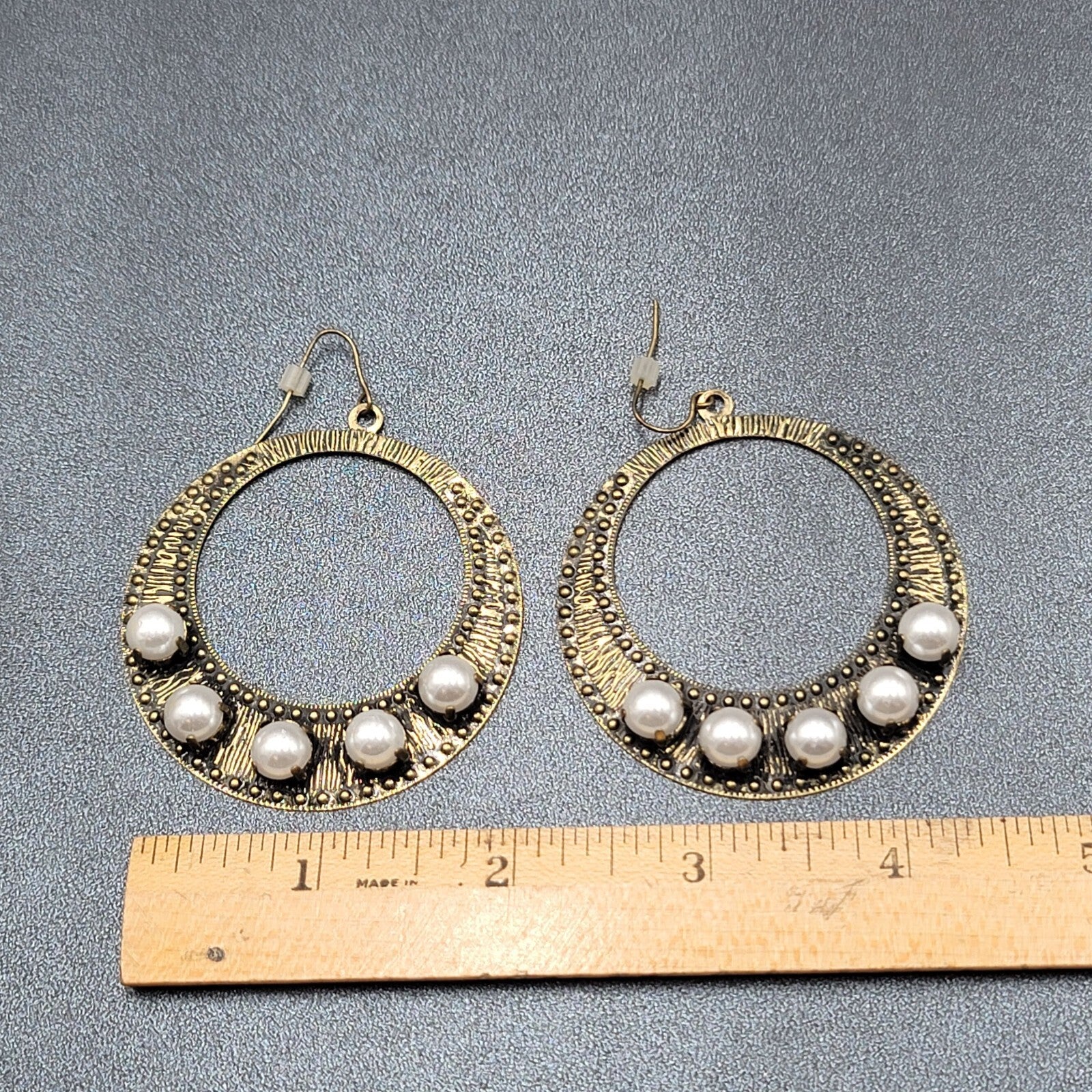 Pierced Earrings Bronze tone Large Hoops Faux Pearl Accents Statement Drop 2.25"