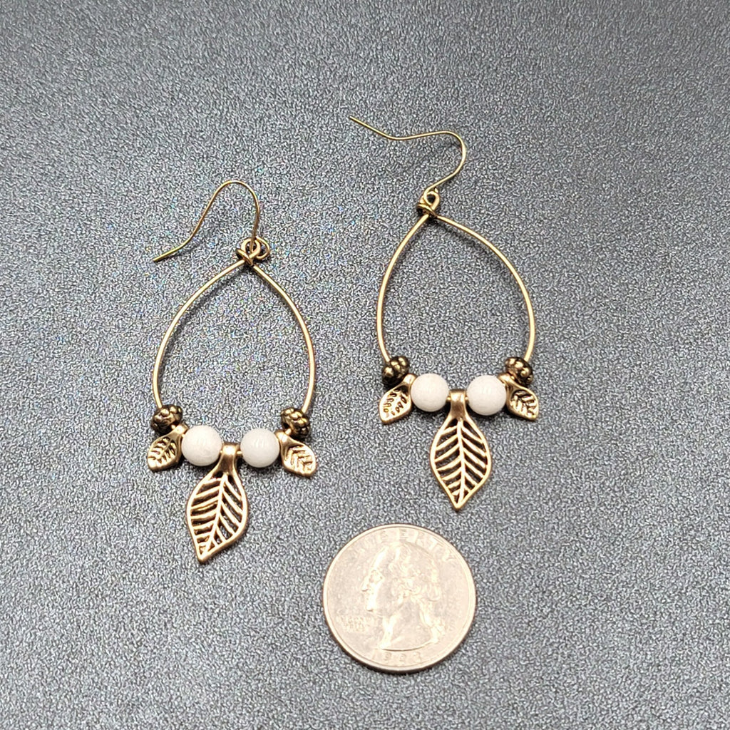 Pierced Earrings Gold tone White Bead Dangle Leaf Hoops 2.25"