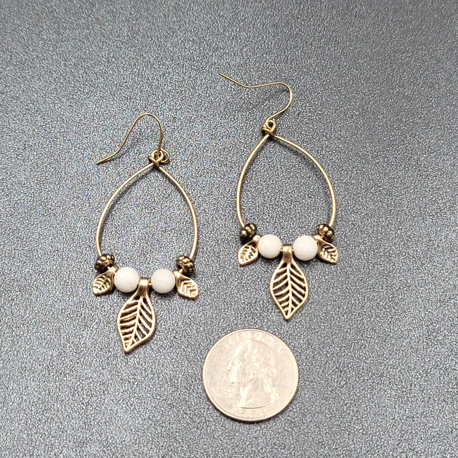 Pierced Earrings Gold tone White Bead Dangle Leaf Hoops 2.25"
