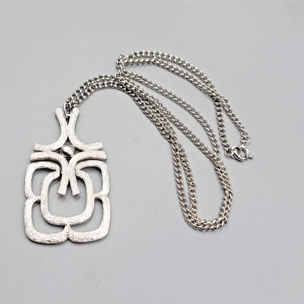Vintage Avon Necklace Long Silver tone Geometric Pendant Statement 24 in
