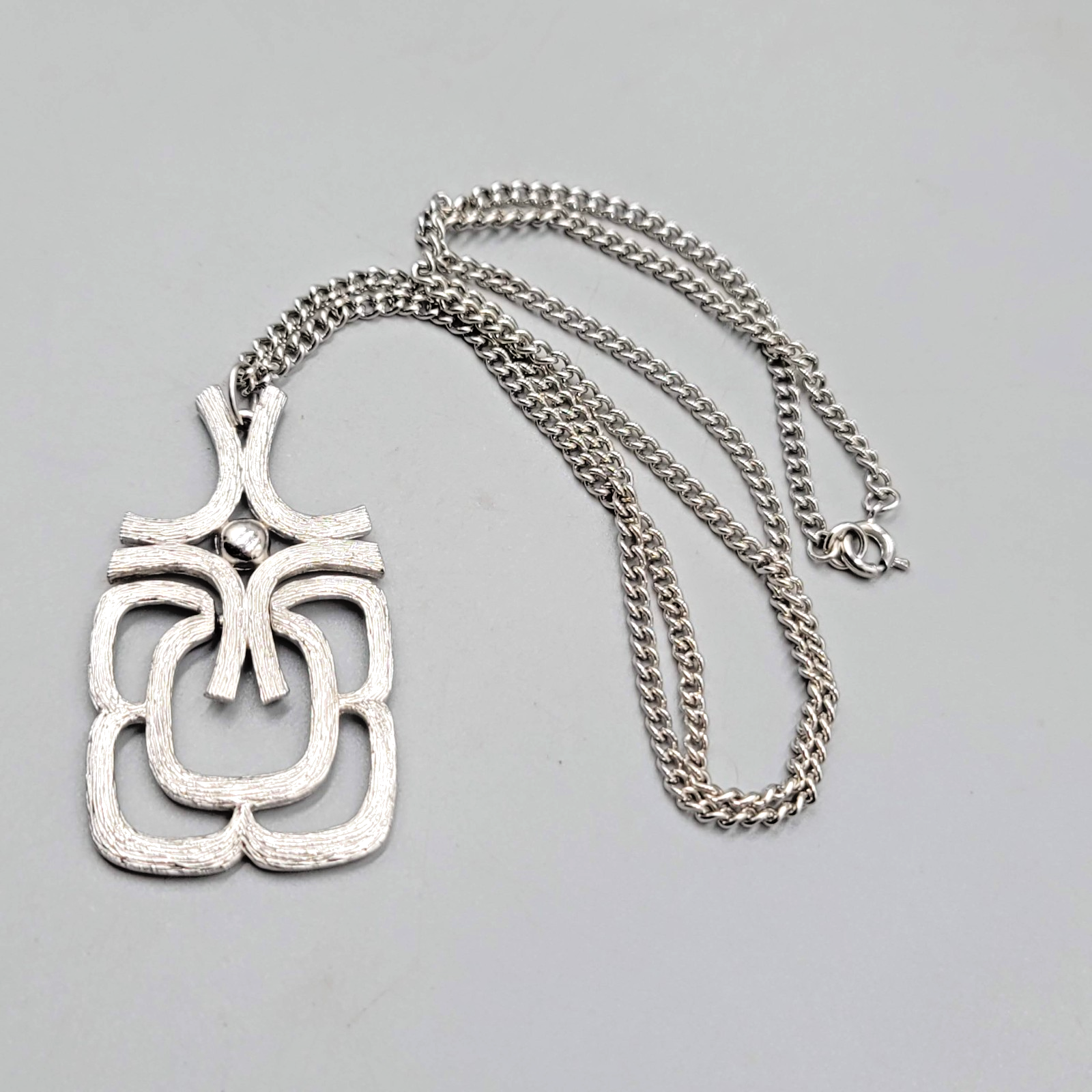 Vintage Avon Necklace Long Silver tone Geometric Pendant Statement 24 in