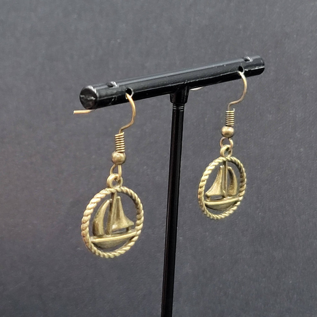 New Sailboat Pierced Earrings Bronze tone Ships Beach Sea Nautical Dangle 3/4"