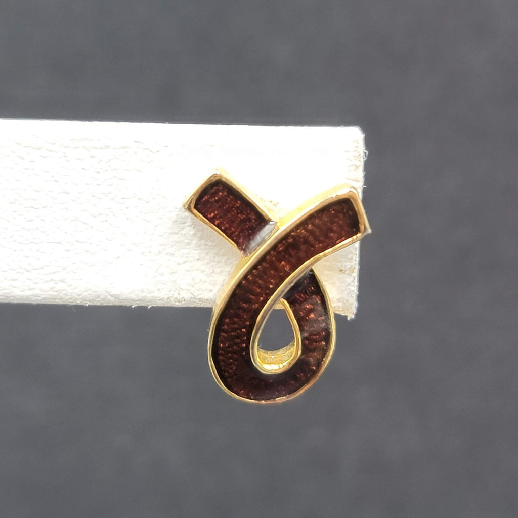 Vintage Pierced Earrings Gold tone Brown Enamel Ribbon Swish Studs 3/4"