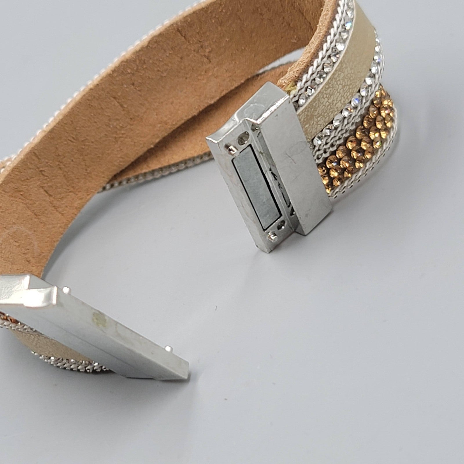 Leather Cuff Tan Bracelet Silver tone Magnet Closure 6.5"