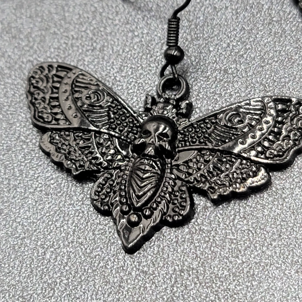Death Head Moth Pierced Earrings Black Enamel Dangle 1" x 1 5/8" 