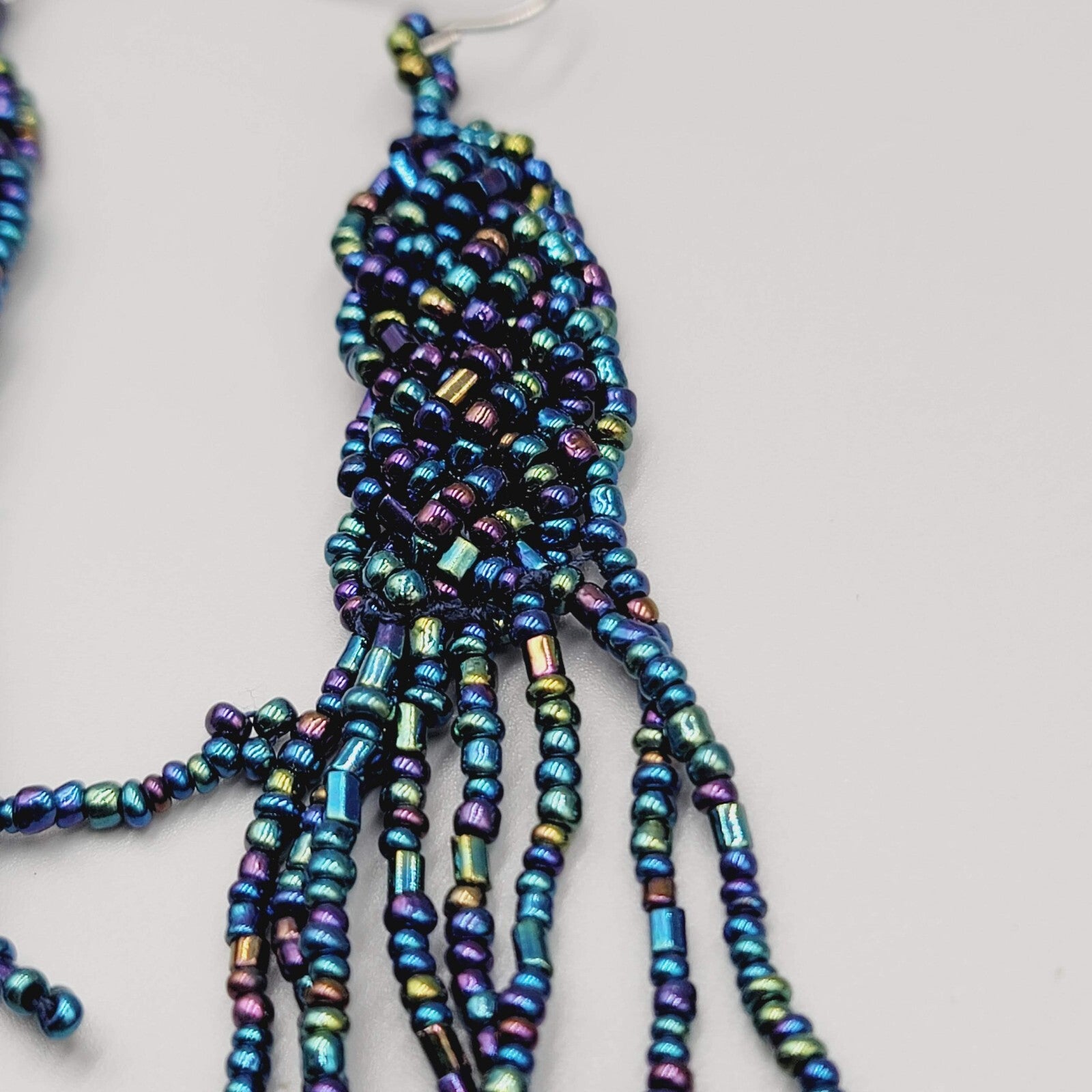 Pierced Earrings AB Black Seed Bead Long Dangle 3"