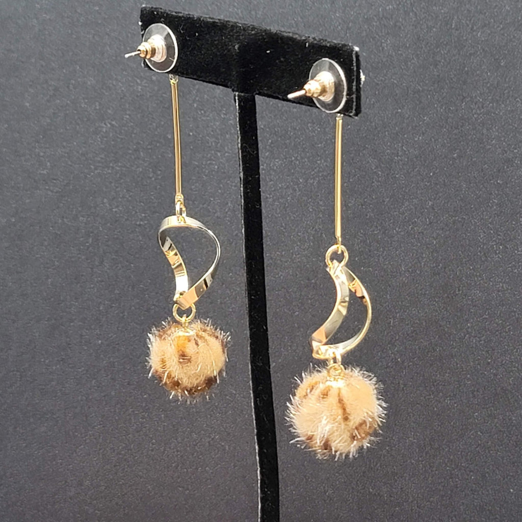 Pierced Earrings Gold tone Crystal Leopard Fuzz Ball Dangle 2.5"