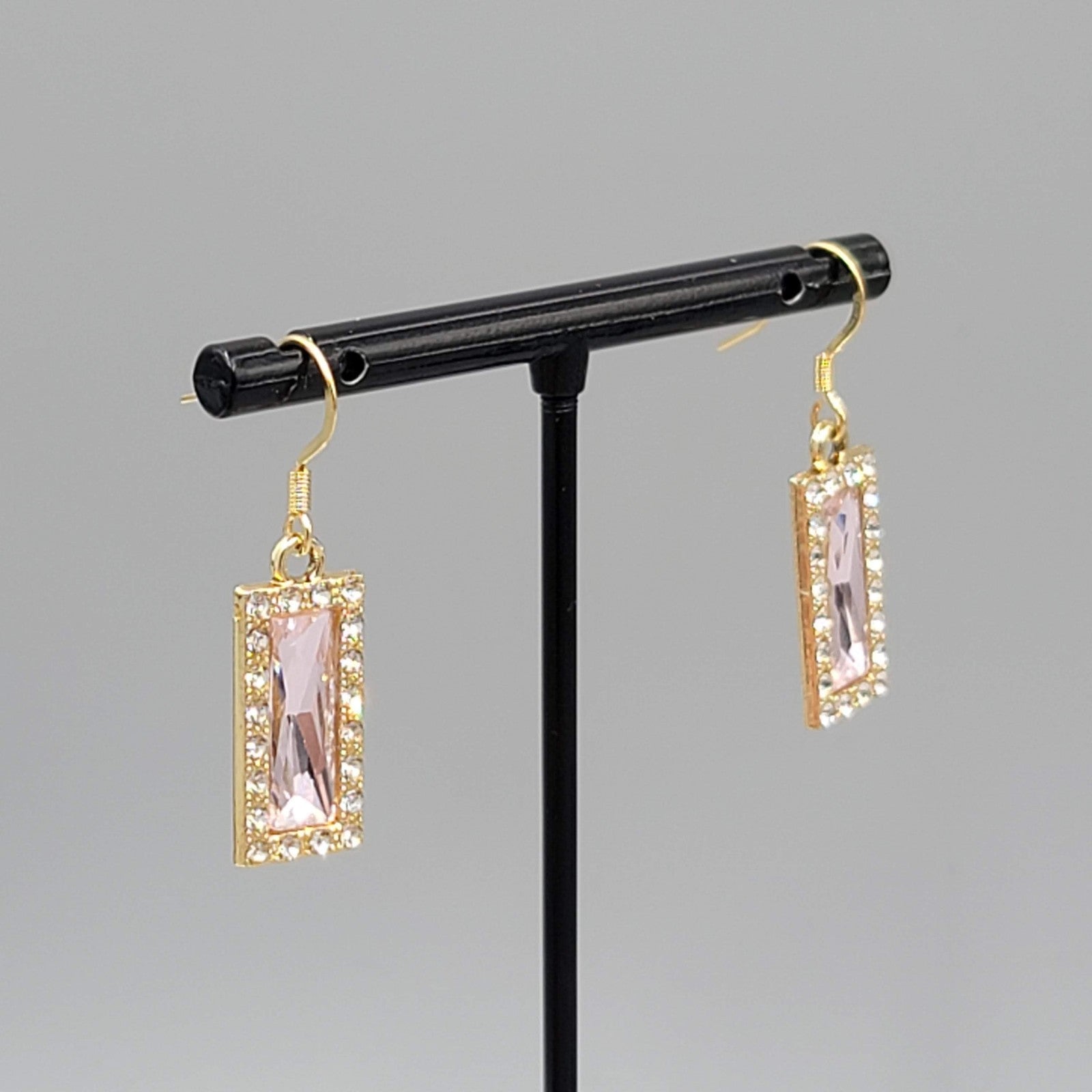 Pale Pink Rhinestone Rectangle Pierced Earrings Gold tone Dangle 7/8"