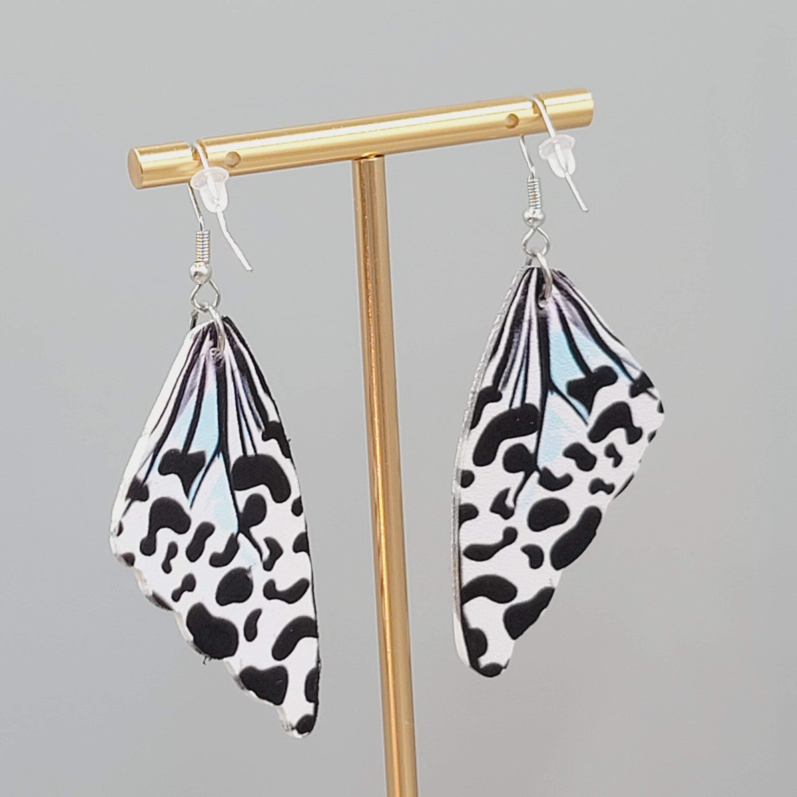 Butterfly Wing Pierced Earrings Black White  Statement Dangle 2.25"