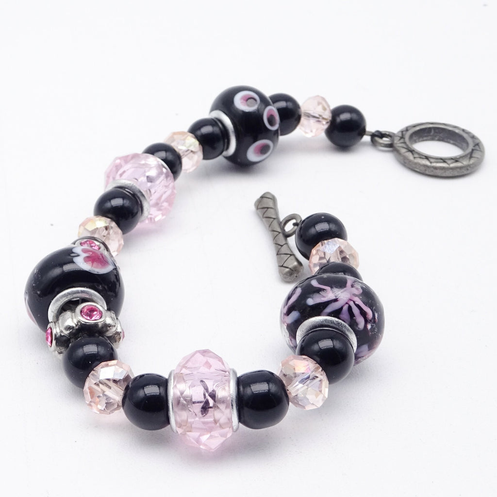Pink Black Bead Slide Bracelet Silver tone Estate Costume 7.75"