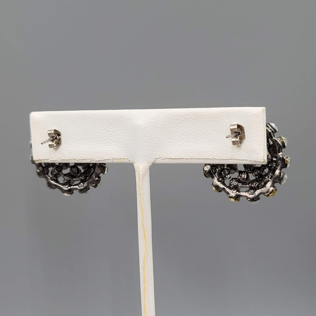 Crystal Dome Pierced Earrings Black Metal Drop 7/8 in