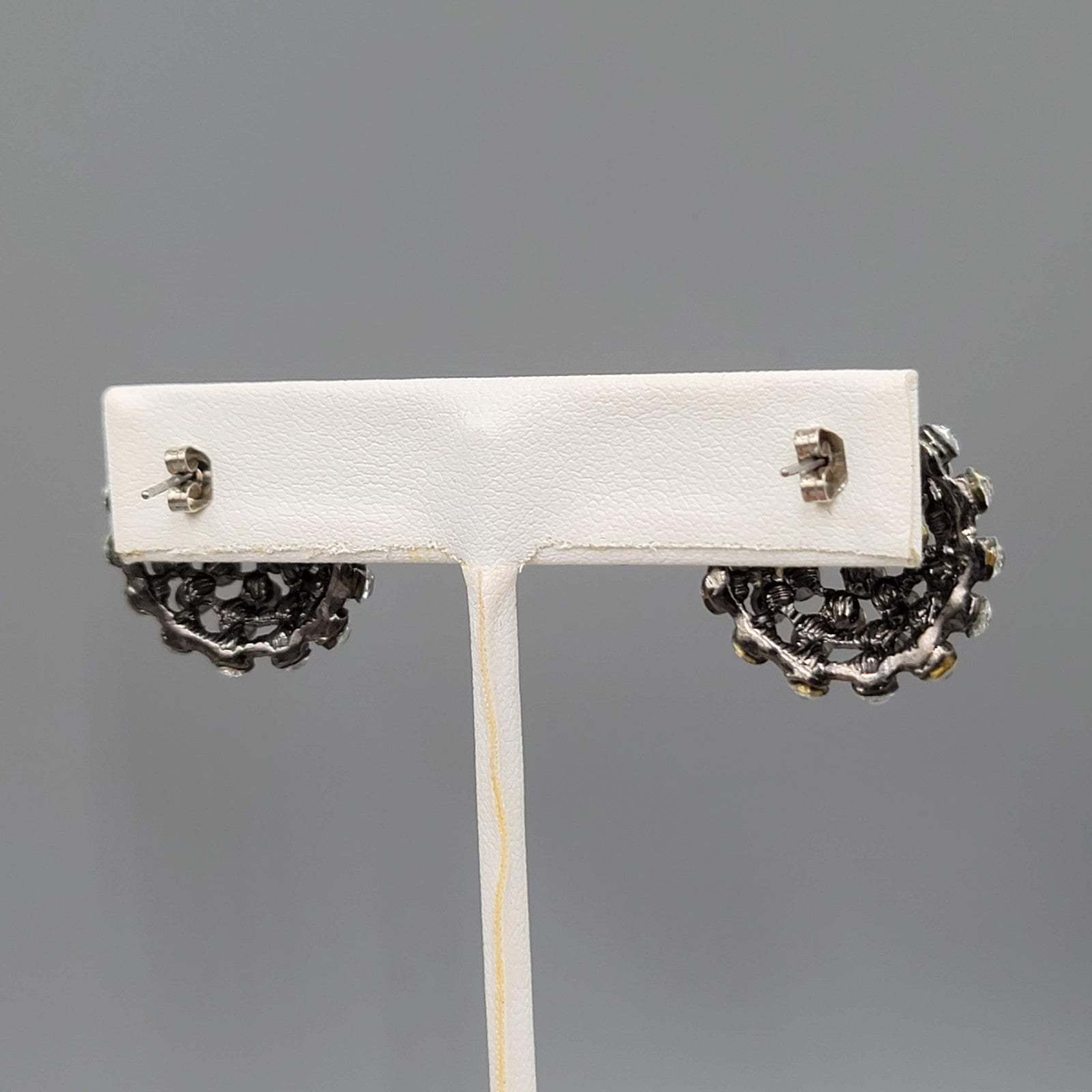 Crystal Dome Pierced Earrings Black Metal Drop 7/8 in