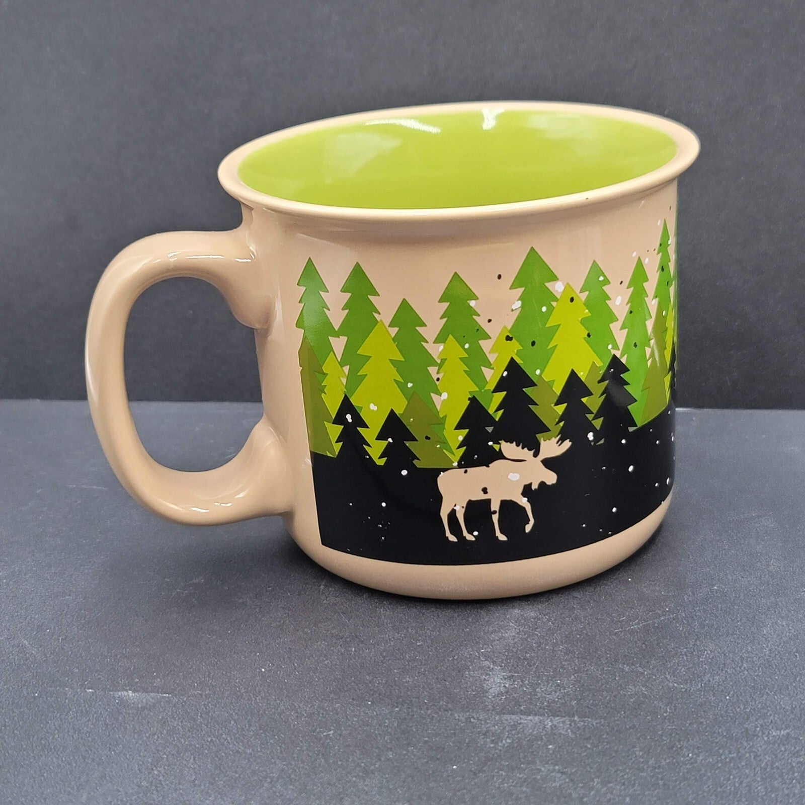 Lazy One Mug Tan Green Snowy Woodland Trees Moose Coffee Cup