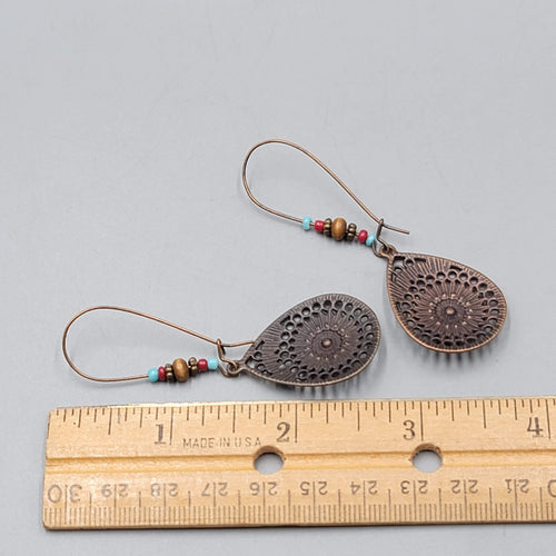 Boho Teardrop Medallion Pierced Earrings Bronze tone Dangle 2.75 in