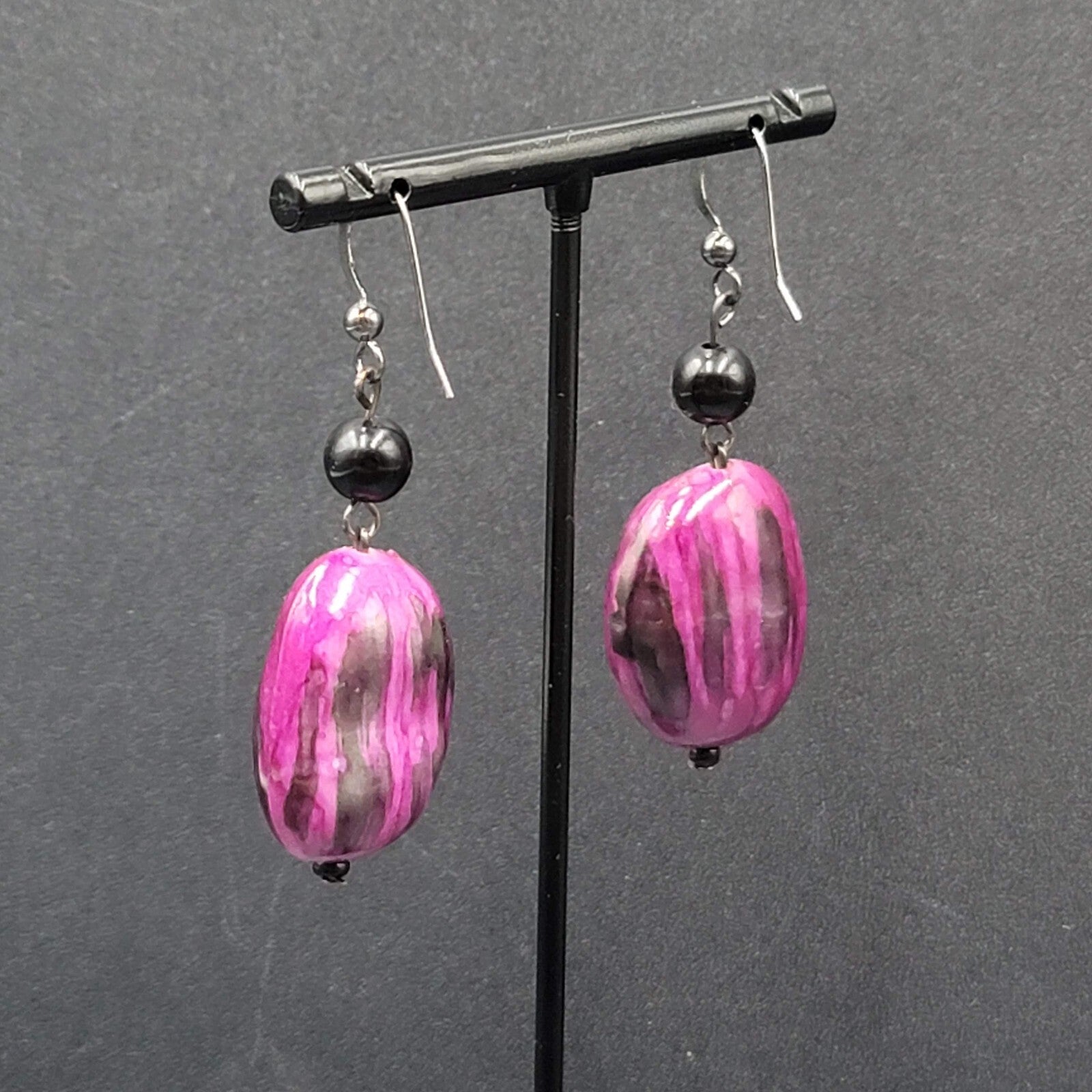 Pierced Earrings Acrylic Purple Black Statement Beads 1.75"