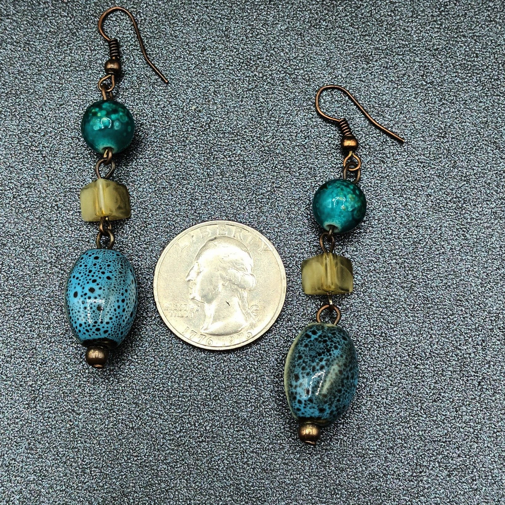 Pierced Earrings Blue Green Art Pottery Beaded Statement Dangle 2"