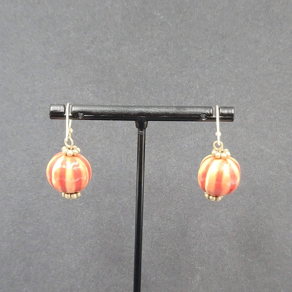 Pierced Earrings Gold tone Hand Painted Pottery Bead Dangle 3/4"