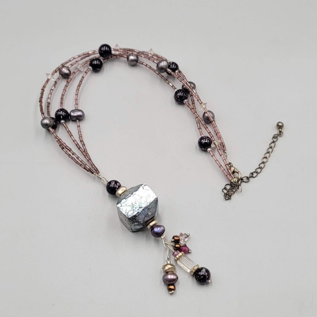 Artisan Necklace Real Pearl and Glass Beads Shell Mosaic Pendant 18"
