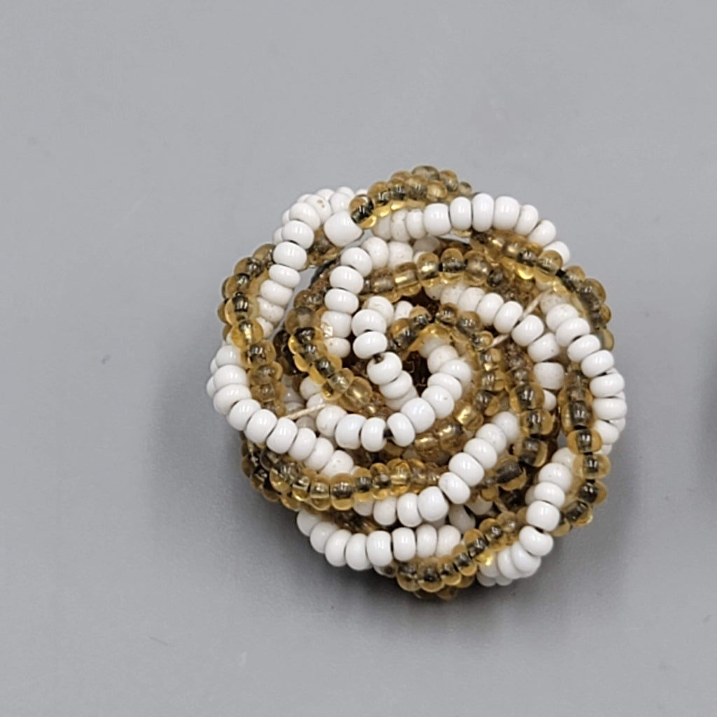 Vintage Green White Seed Bead Knot Clip on Earrings 7/8"