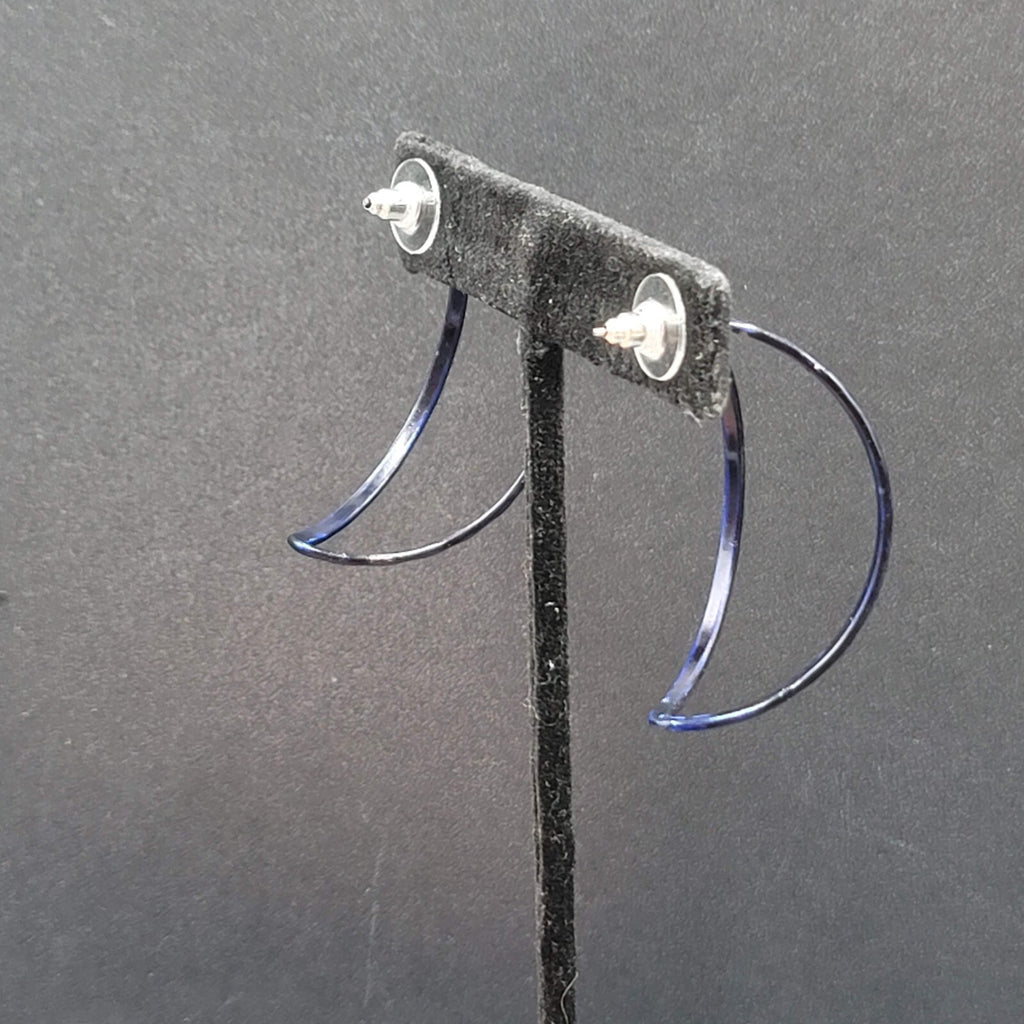 Vintage Pierced Earrings Navy Blue Enamel Open Half Hoops 1.75"