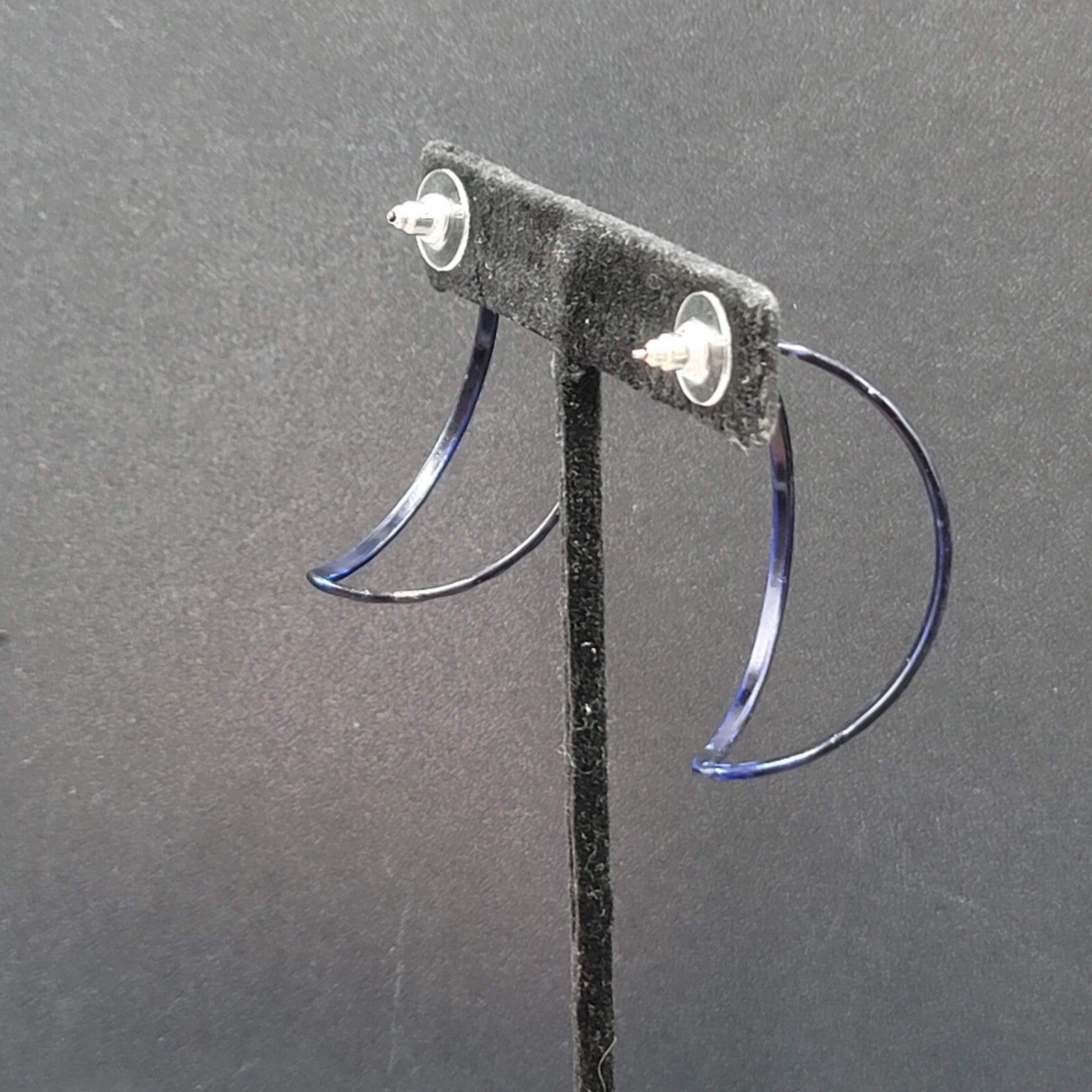 Vintage Pierced Earrings Navy Blue Enamel Open Half Hoops 1.75"