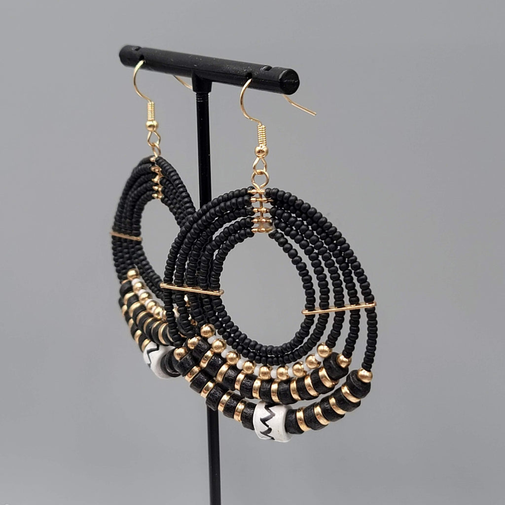 Pierced Earrings Black Gold tone Bead Hoops Boho Dangle 2"