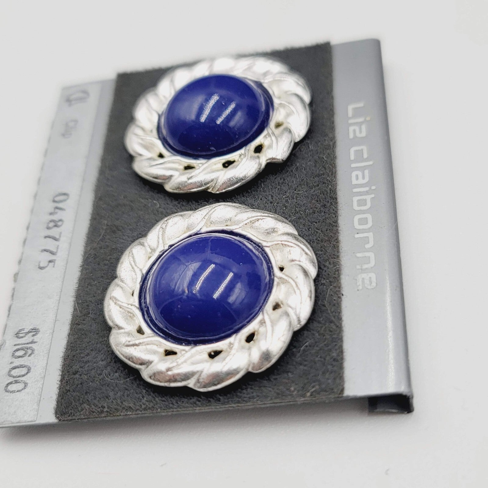 Vintage Liz Claiborne Clip on Earrings Silver tone Blue NOS 1 1/8"