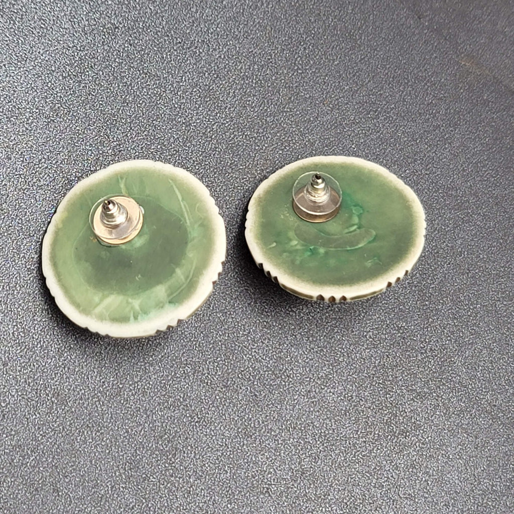 Vintage Pierced Earrings Large Statement Engraved Green Gold White Acrylic  1.5"
