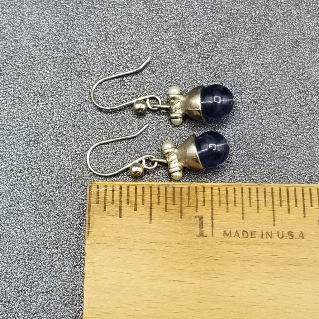Pierced Earrings Silver tone Blue Crystal Bea Faux Pearl Dangle 1/2"