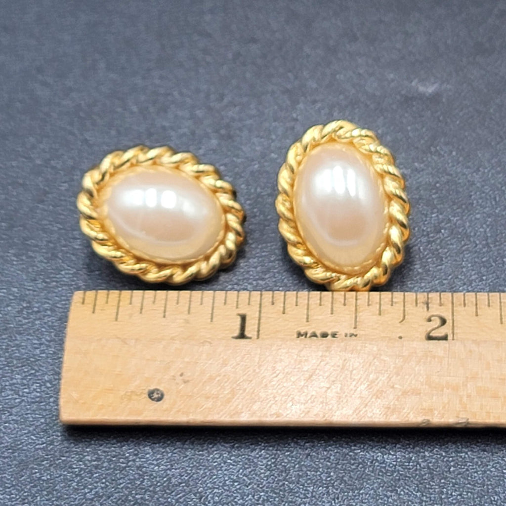 SC Pierced Earrings Gold Plated White Cabochon  7/8"