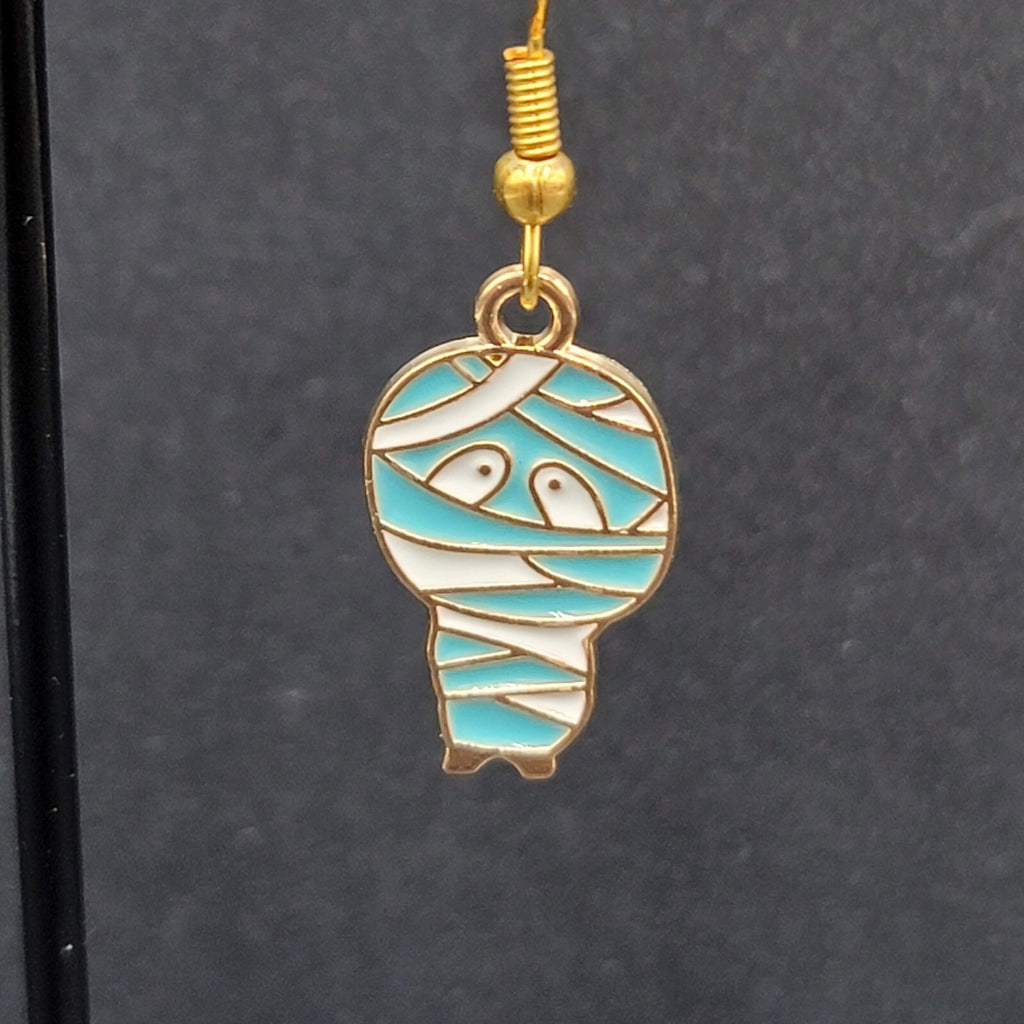 Halloween Mummy Pierced Earrings Gold tone Enamel Dangle 7/8"