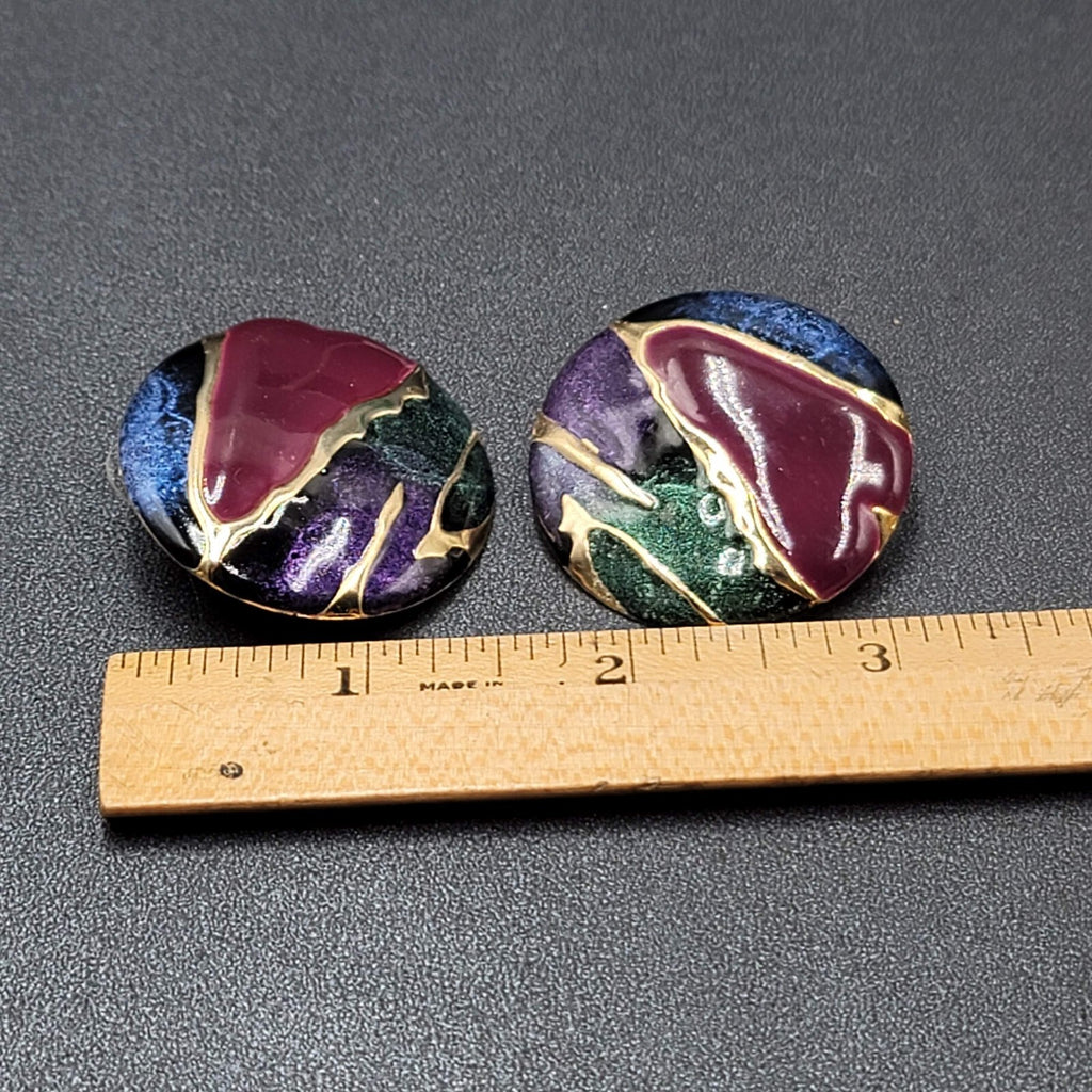 Vintage Pierced Earrings Blue Purple Enamel Round Statement 1.5"