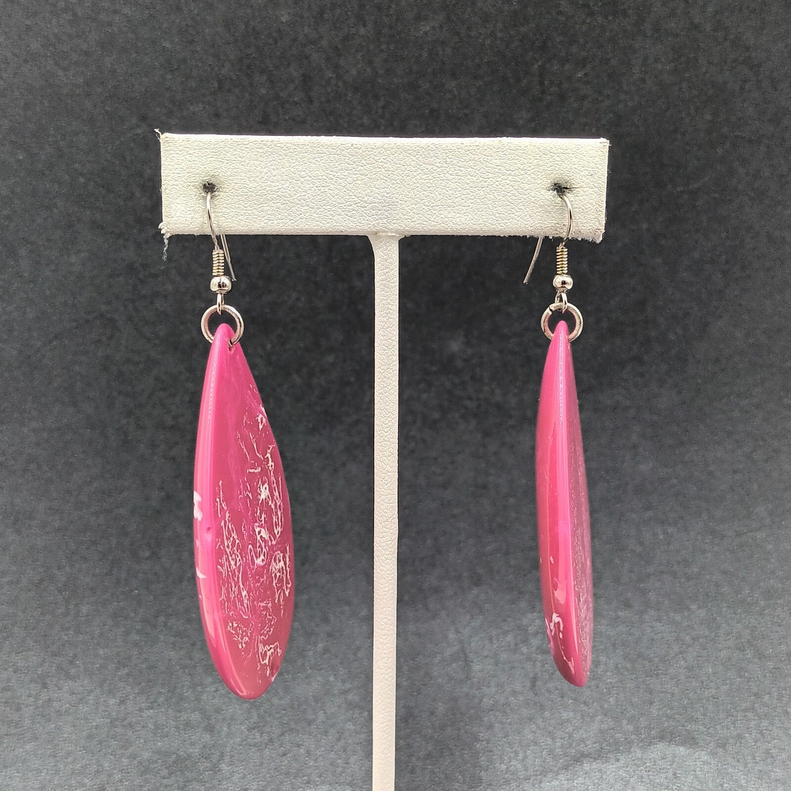 Pierced Earrings Pink Swirl Acrylic Teardrop Silver tone Hook Dangle 2 1/4"