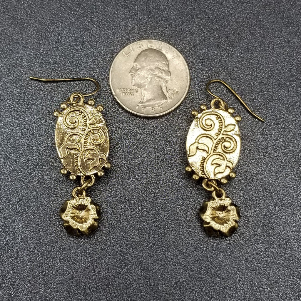Pierced Earrings Gold tone Brown Sparkle Acrylic Flower Dangle 1 3/4"