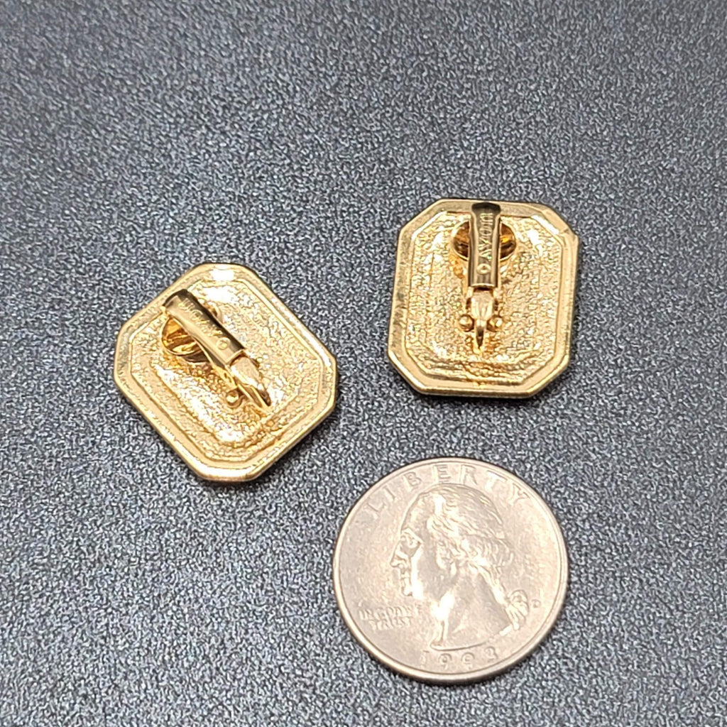 Vintage Avon Clip on Earrings Gold tone Green Marble Design Rectangle 7/8"