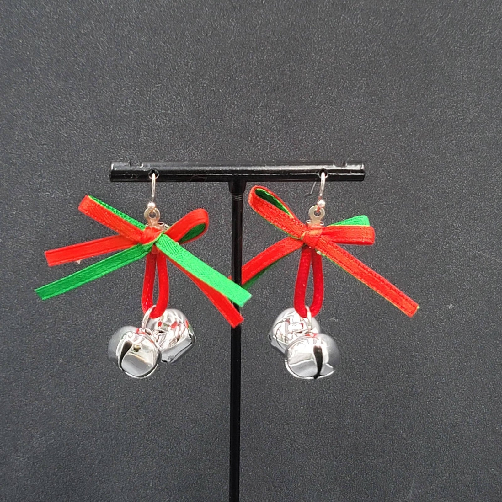 Christmas Holiday Pierced Earrings Ribbon Jingle Bells 1.5"