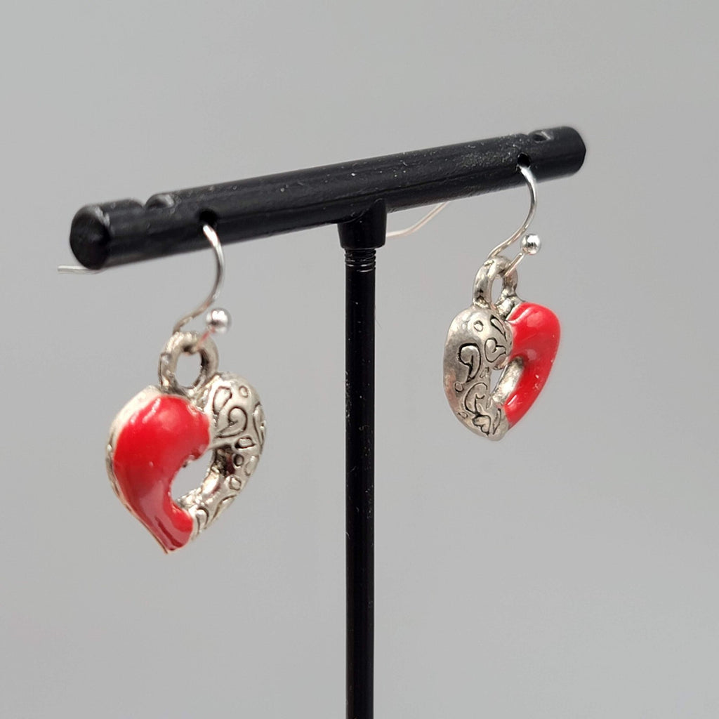 Heart Pierced Earrings Silver tone Red Enamel Dangle 5/8"