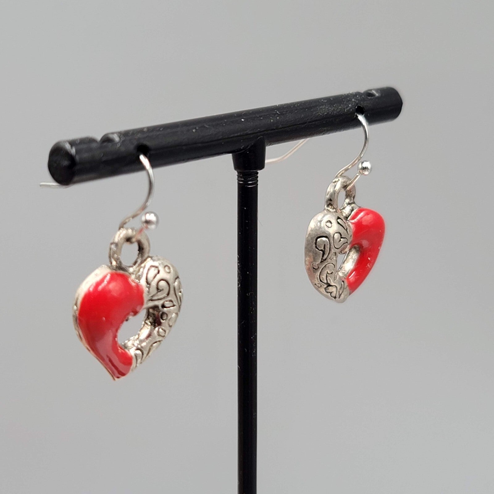 Heart Pierced Earrings Silver tone Red Enamel Dangle 5/8"