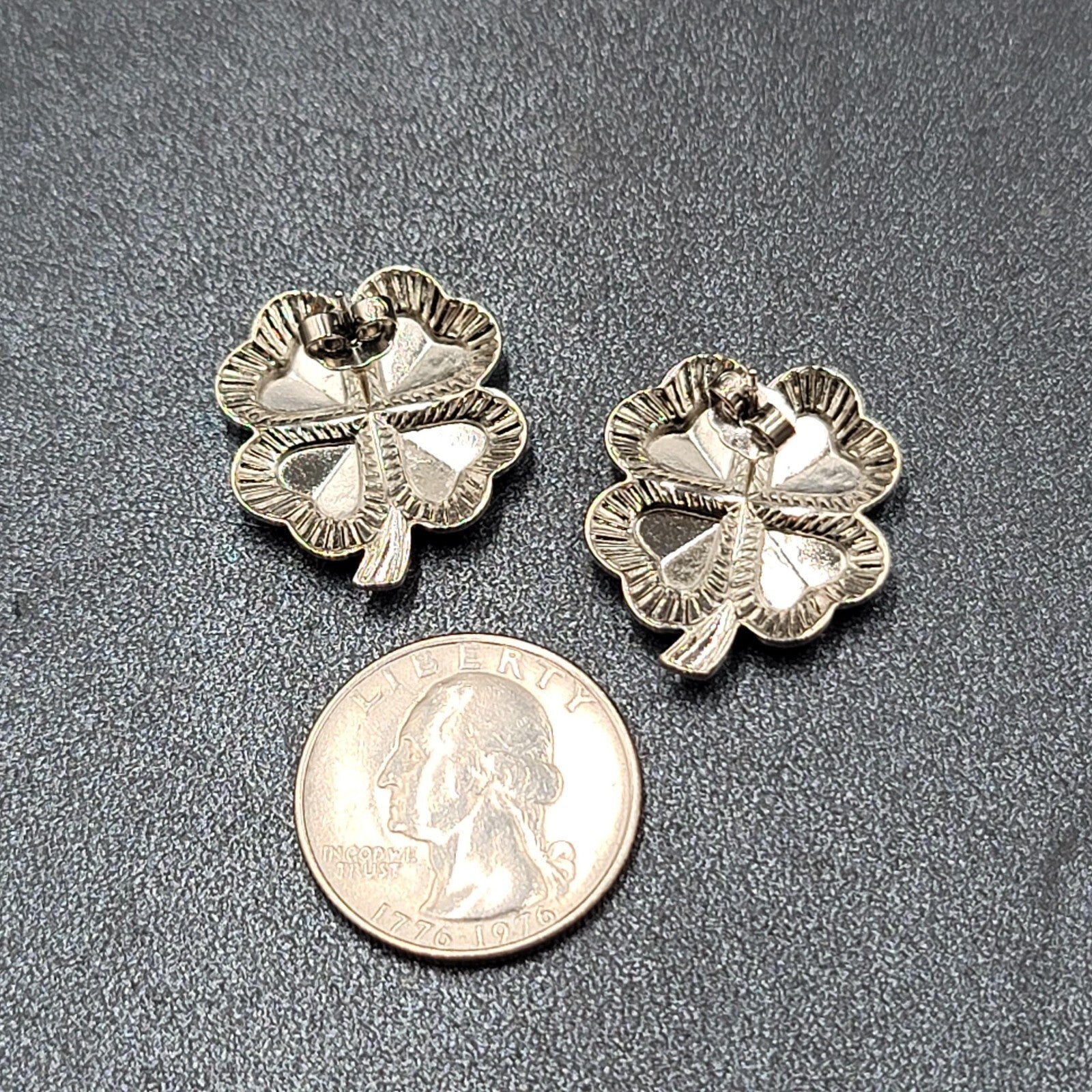 Vintage Pierced Earrings Shiny Silver tone 4 Leaf Shamrocks 1"