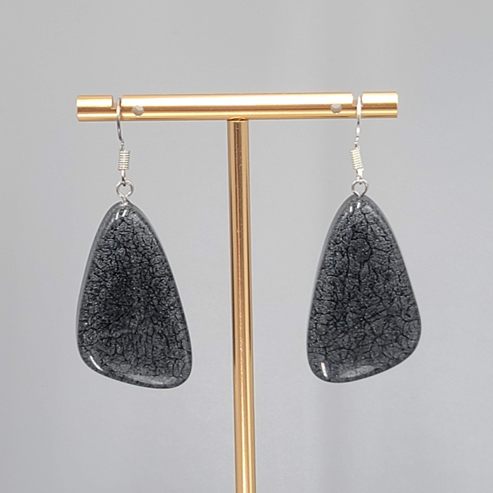 Black Swirl Resin Statement Dangle Pierced Earrings Silver tone 1.5"