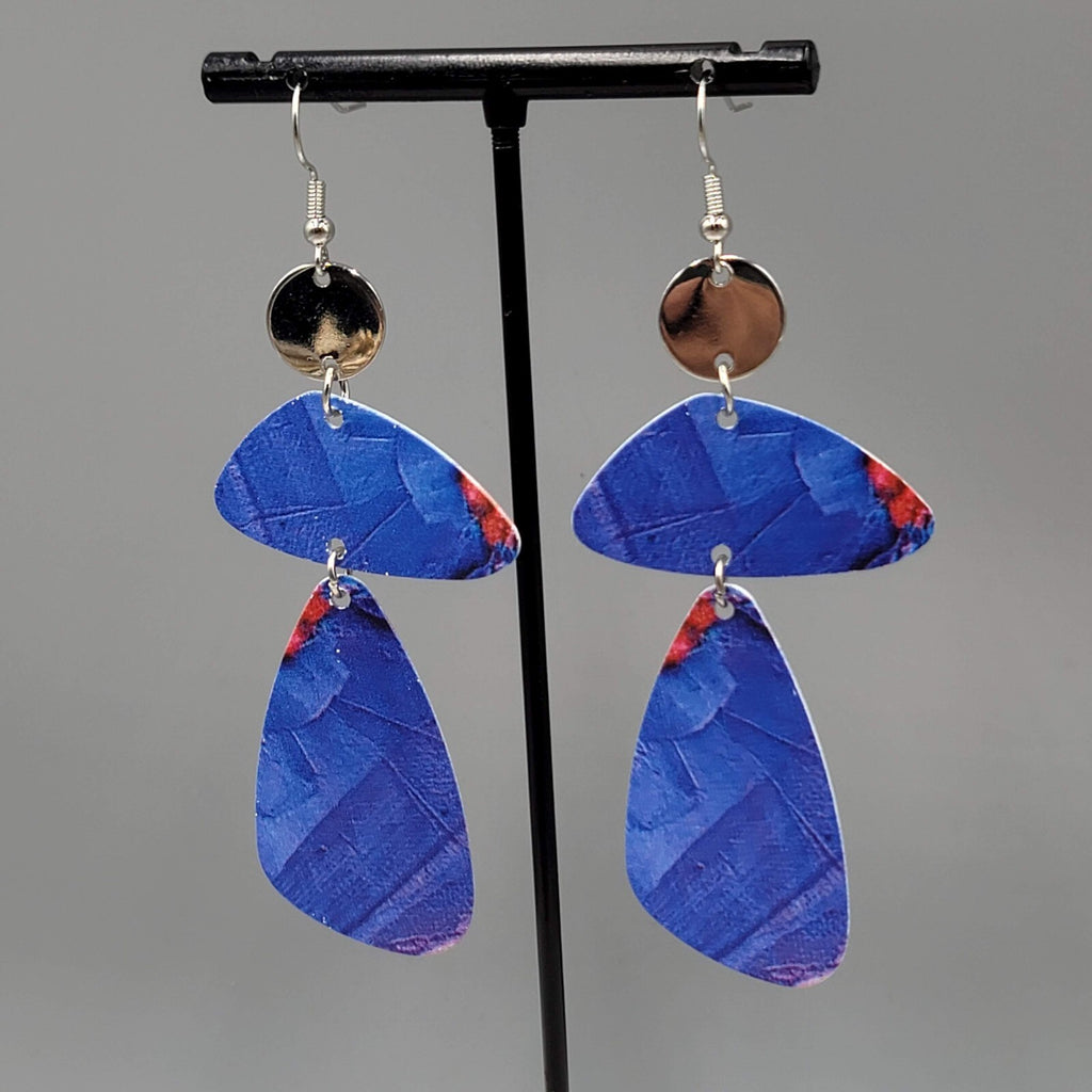 Long Statement Pierced Earrings Silver tone Blue Geometric Statement Dangle 3"