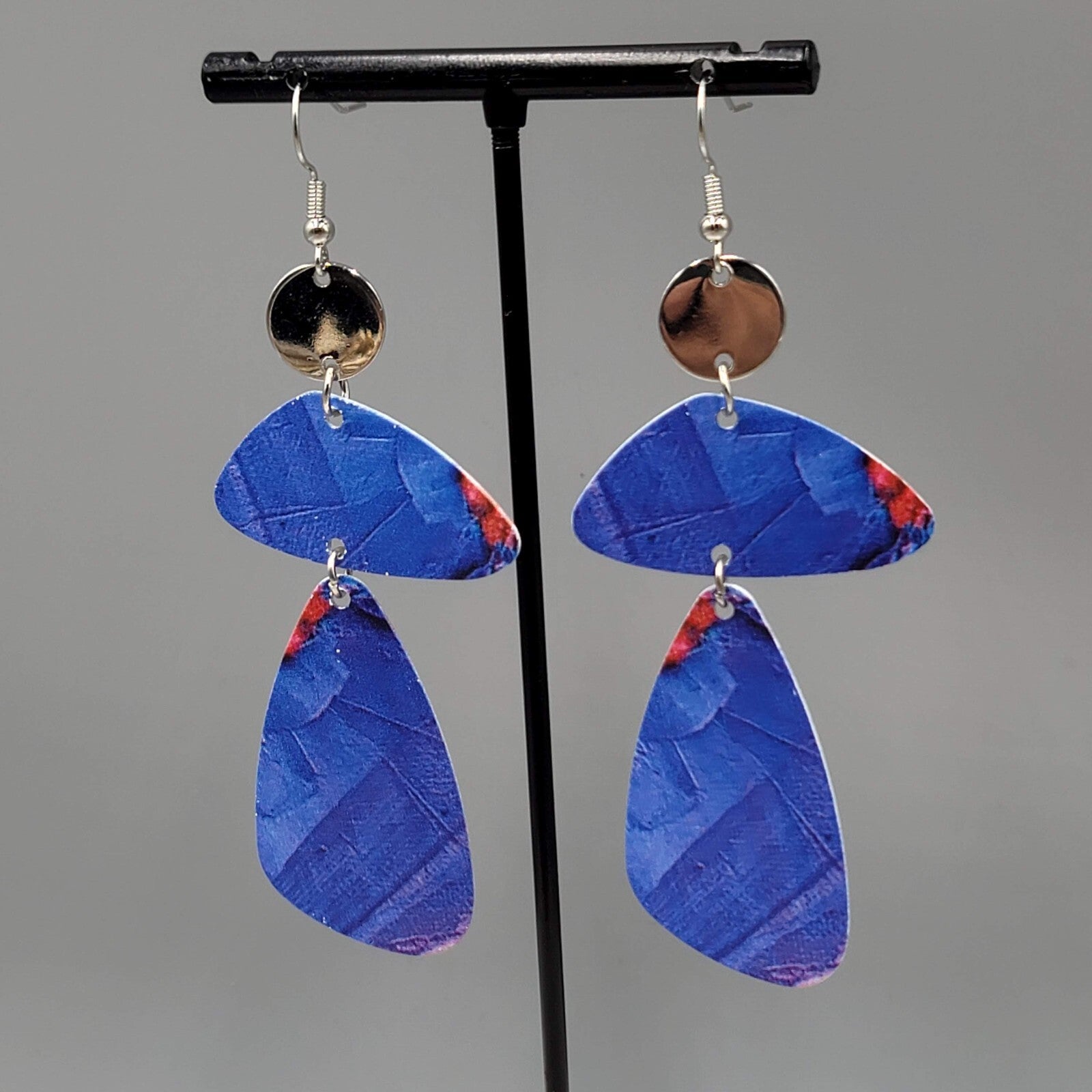 Long Statement Pierced Earrings Silver tone Blue Geometric Statement Dangle 3"