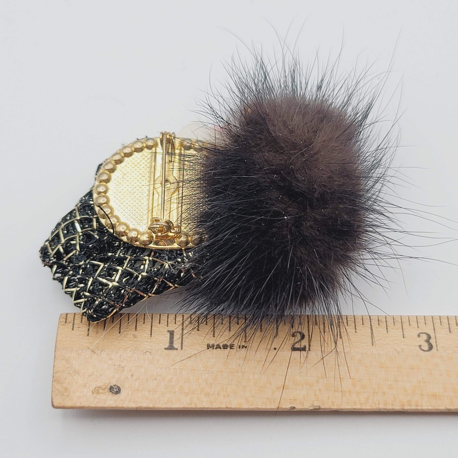 Vintage Black Mink Fur & Porcelain Hand Painted Lady Face Brooch Pin 1980’s