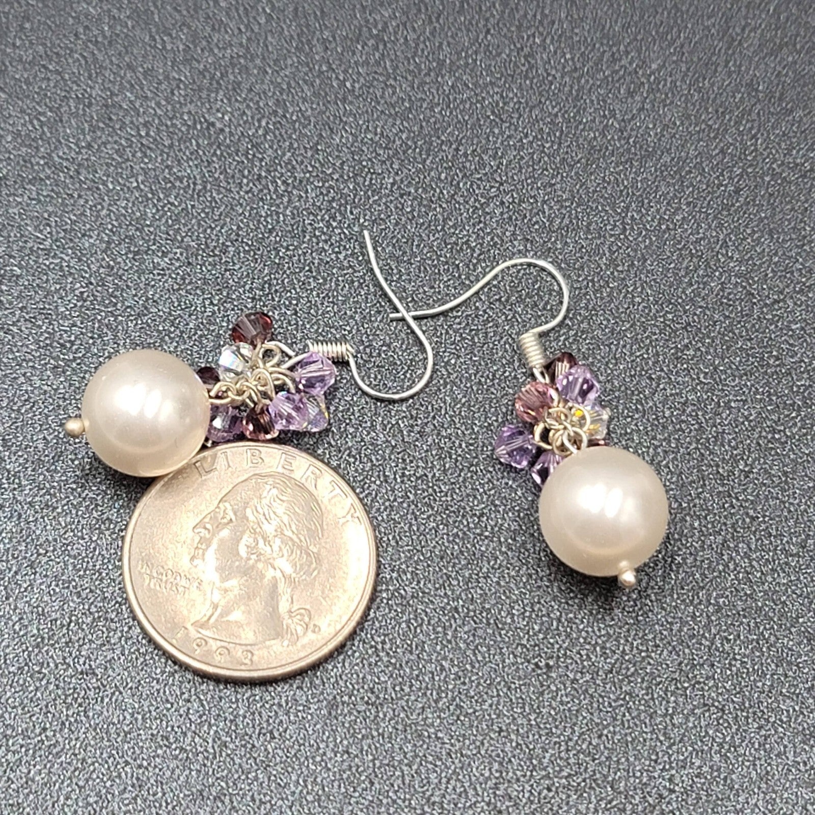 Pierced Earrings Purple Crystal Faux Pearl Beaded Dangle 1"
